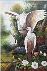 Wings Paintings - Cranes Two One Wings Spread White Flowers by Unknown Artist